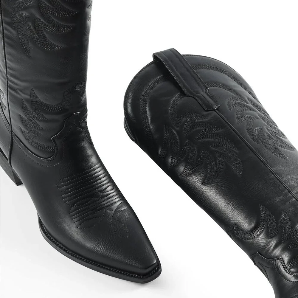 Women Pu Midnight Black Knee High Pointed Toe Block Heel Cowboy Western Boots - Picture 2 of 9